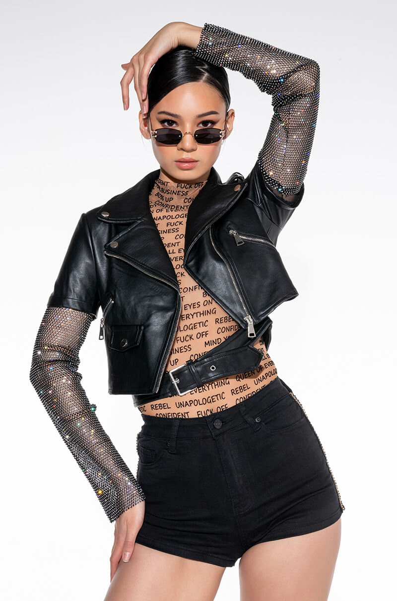 Front View Azalea Wang Acerola Rhinestone Sleeve Moto Jacket
