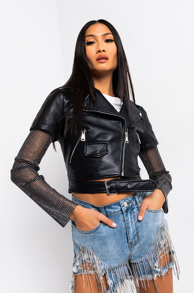 Front View Azalea Wang Acerola Rhinestone Sleeve Moto Jacket in Black Multi