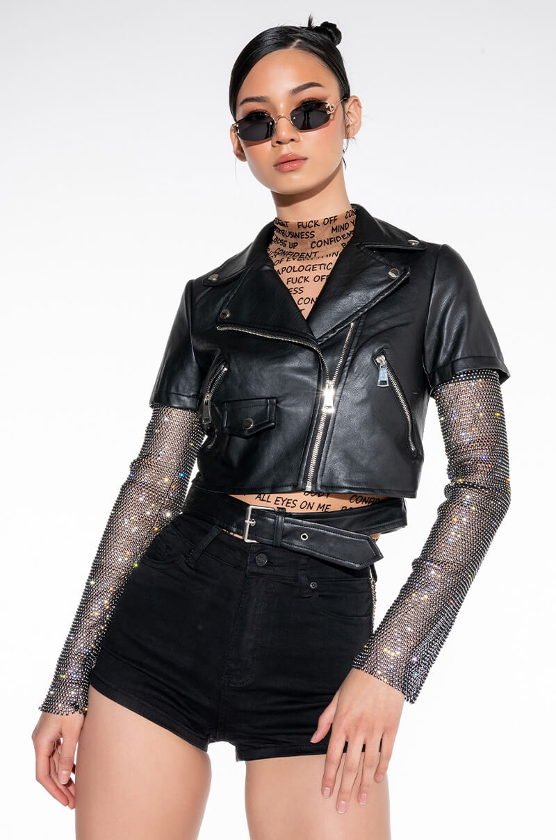 Side View Azalea Wang Acerola Rhinestone Sleeve Moto Jacket