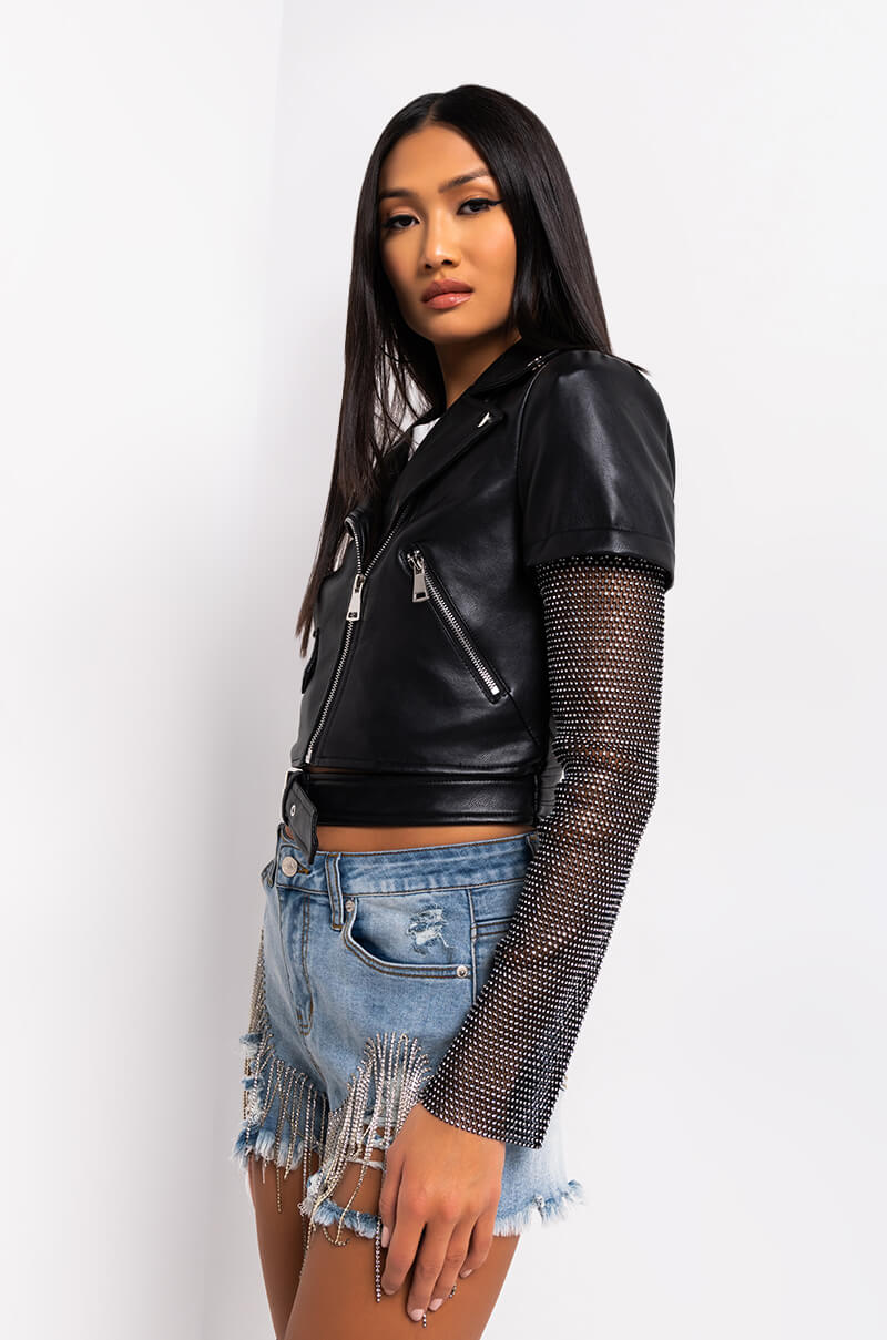Back View Azalea Wang Acerola Rhinestone Sleeve Moto Jacket in Black Multi