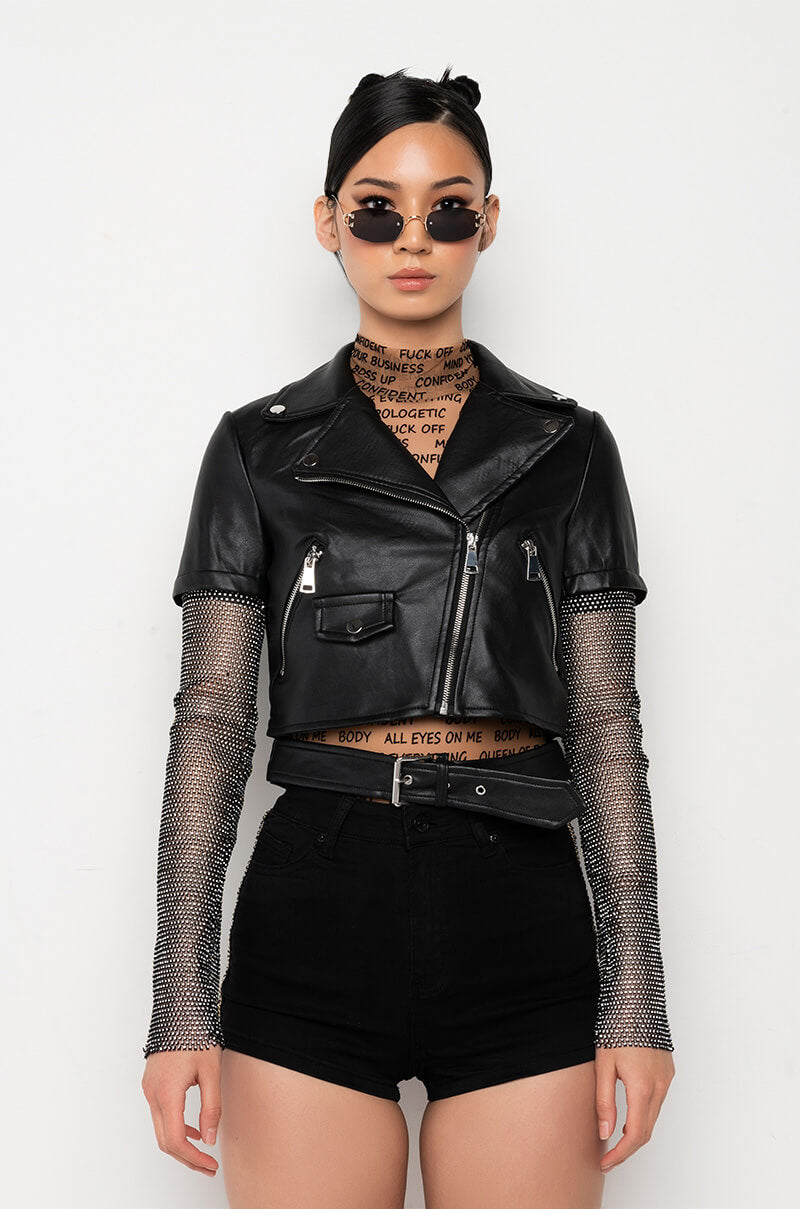 Detail View Azalea Wang Acerola Rhinestone Sleeve Moto Jacket