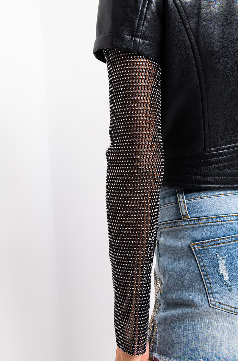 Full View Azalea Wang Acerola Rhinestone Sleeve Moto Jacket in Black Multi