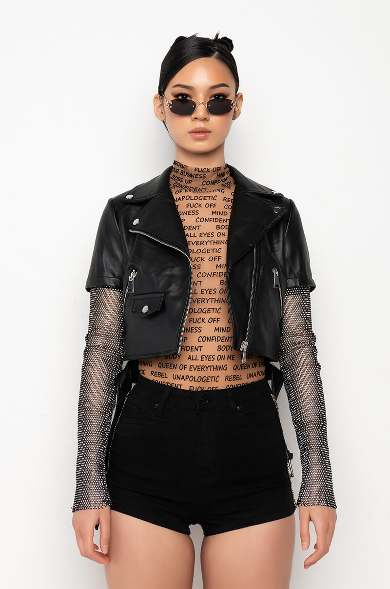 Full View Azalea Wang Acerola Rhinestone Sleeve Moto Jacket