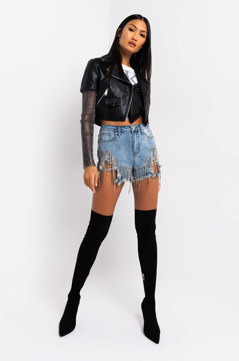 Azalea Wang Acerola Rhinestone Sleeve Moto Jacket in Black Multi