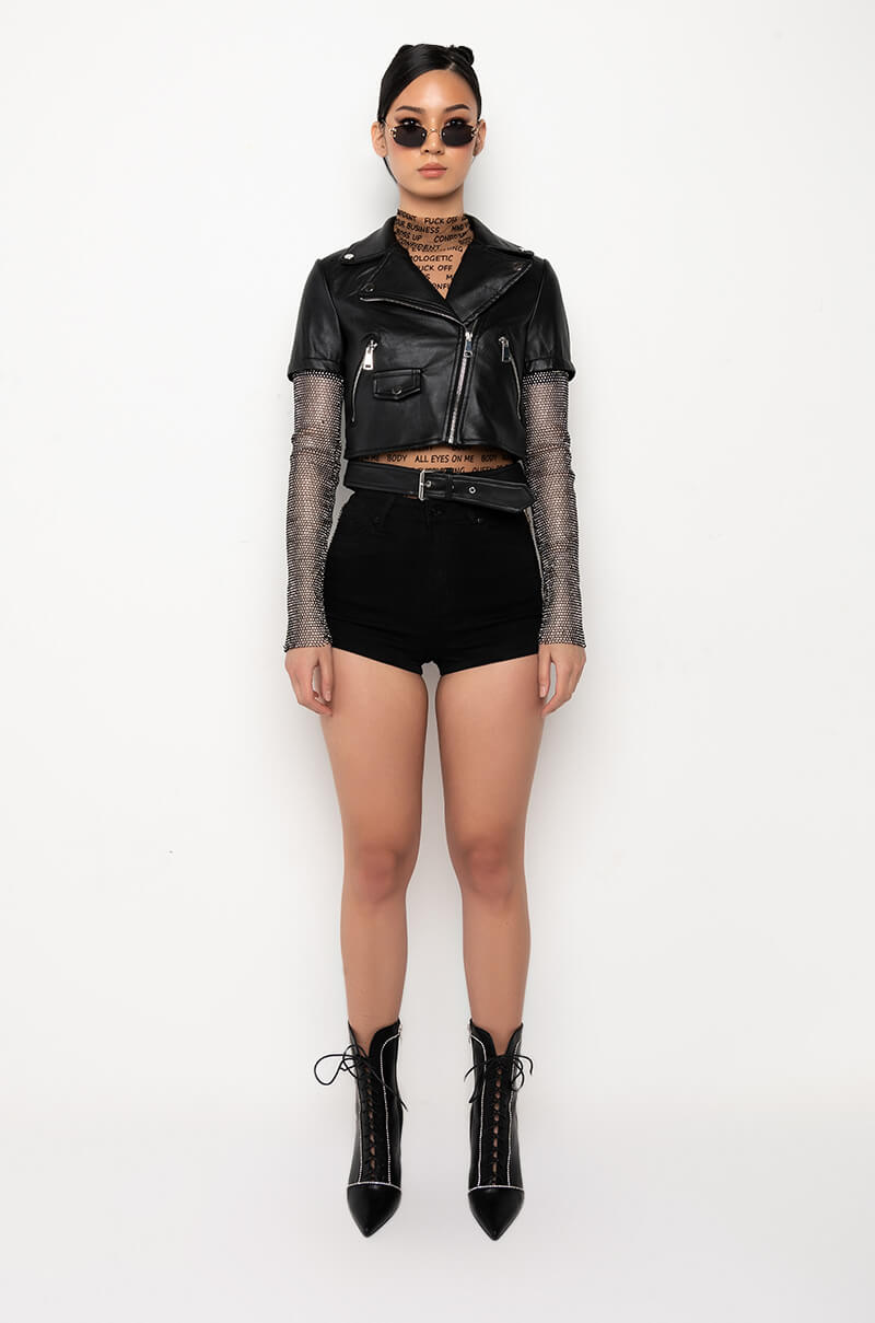 Extra View Azalea Wang Acerola Rhinestone Sleeve Moto Jacket