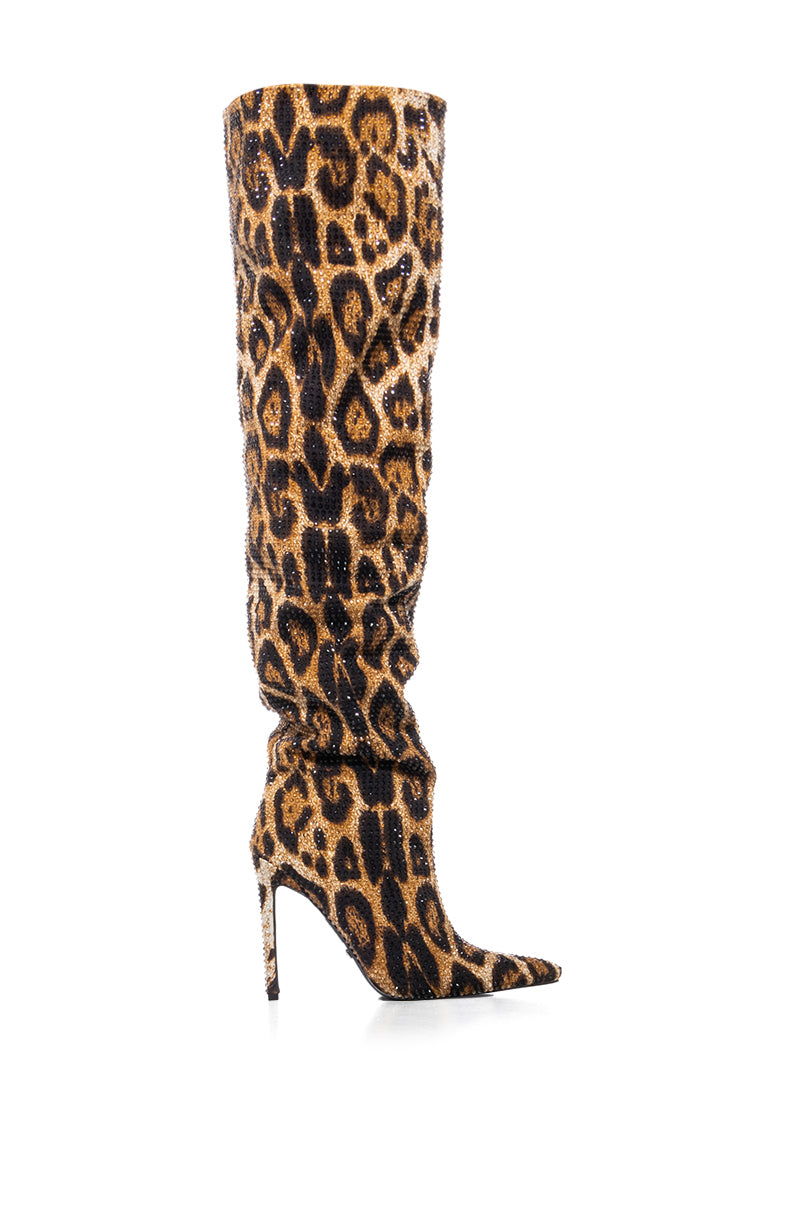 Back View Azalea Wang Adventurous Leopard Rhinestone Over The Knee Boot
