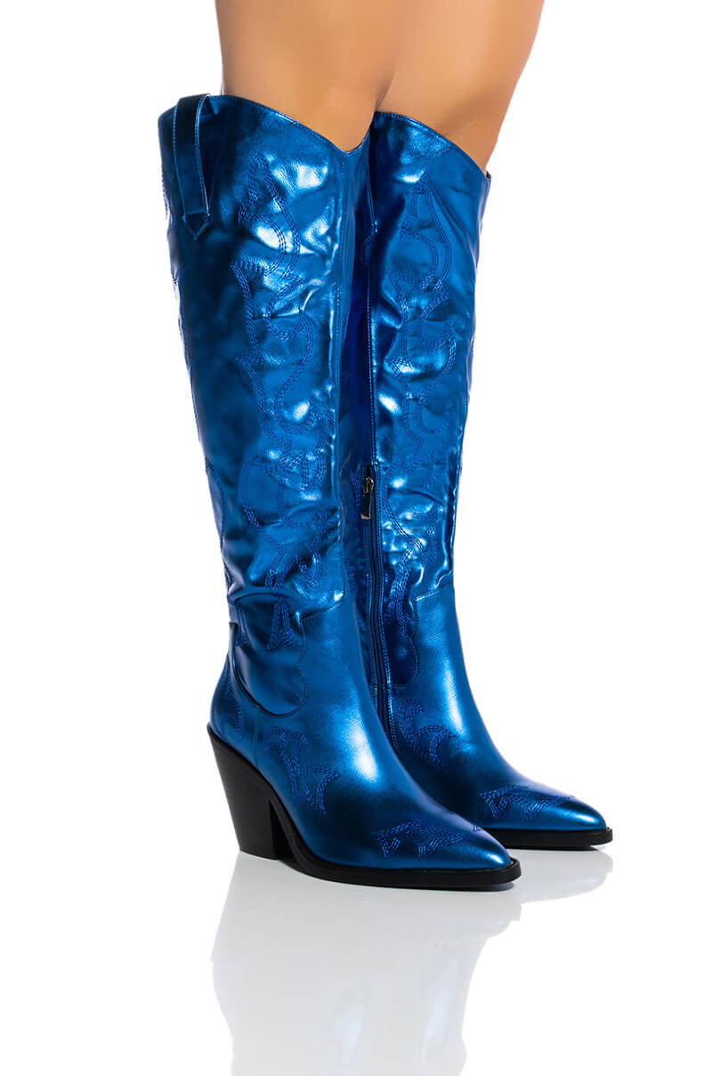Front View Azalea Wang After Party Metallic Western Boot In Blue 0