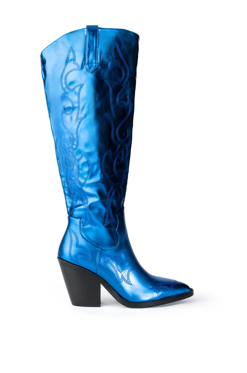 Side View Azalea Wang After Party Metallic Western Boot In Blue 1