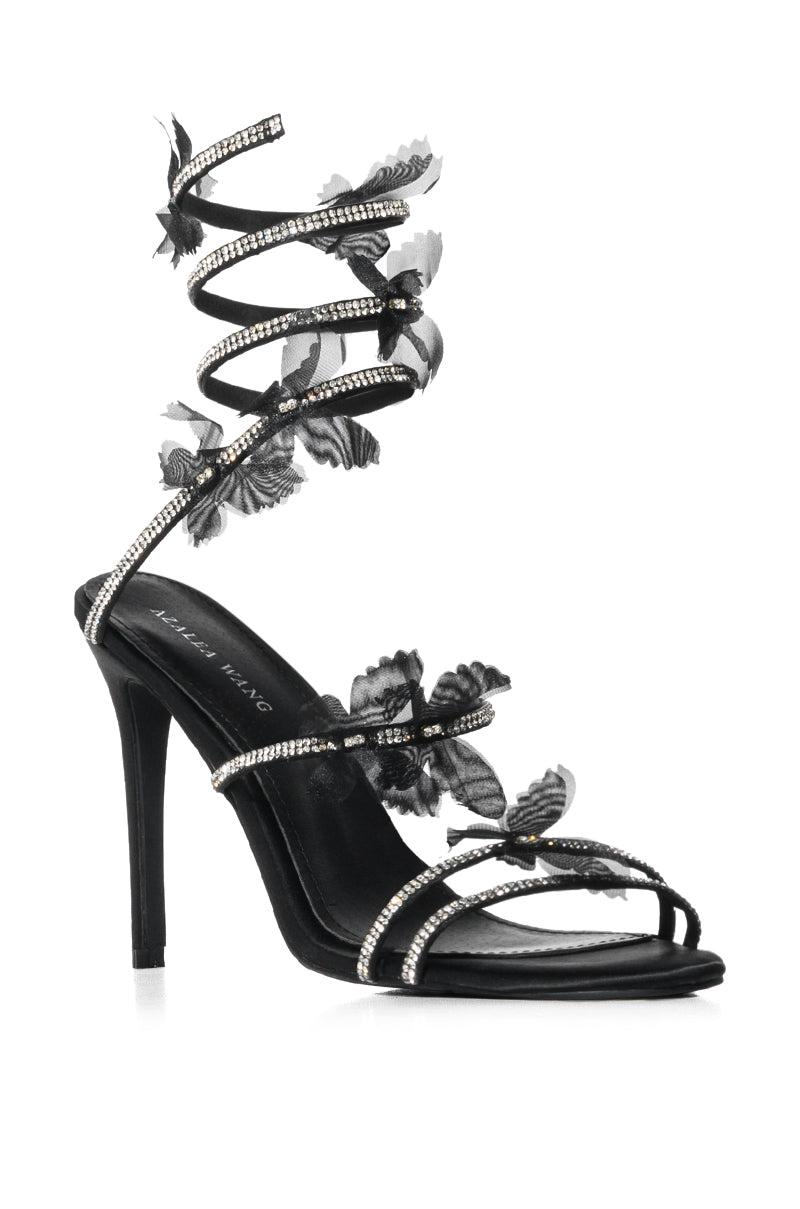 Back View Azalea Wang Airborne Butterfly Rhinestone Stiletto Sandal In Black