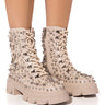 Front View Azalea Wang Alaska Flatform Rhinestone Pearl Bootie In Bone