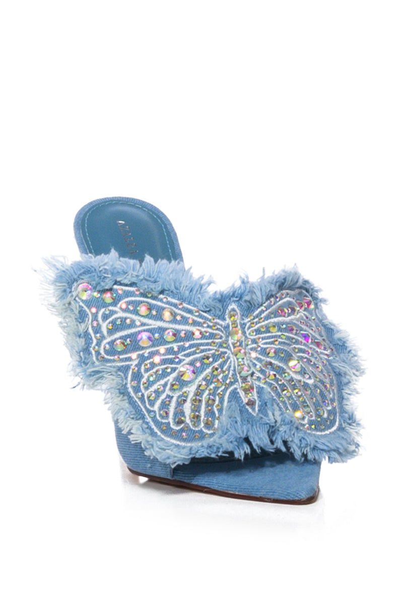 Back View Azalea Wang Alaya Embellished Butterfly Stiletto Sandal In Denim 2
