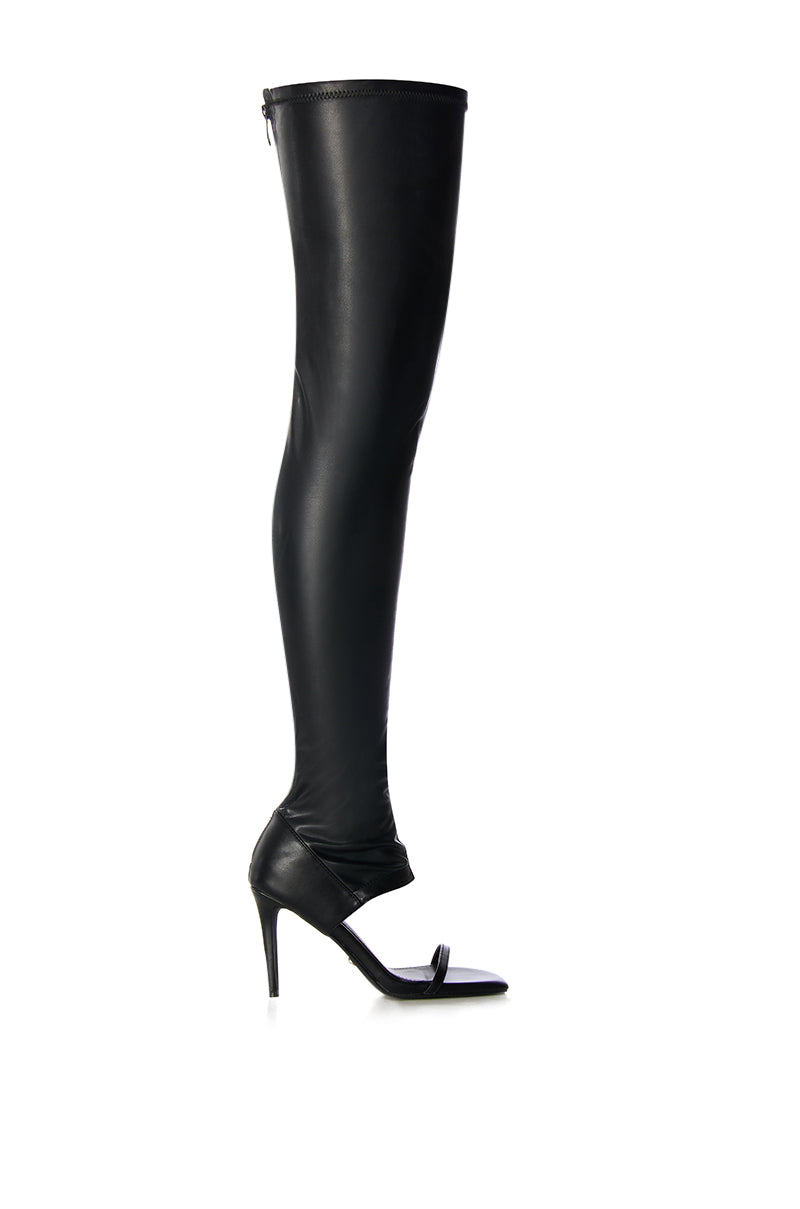 Side View Azalea Wang Alisha Peep Toe Thigh High Boot In Black