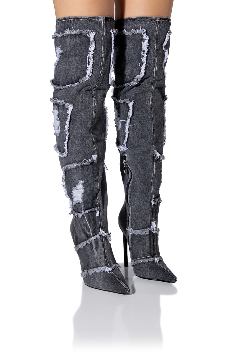 Front View Azalea Wang All Mine Distressed Denim Boot In Dark Denim