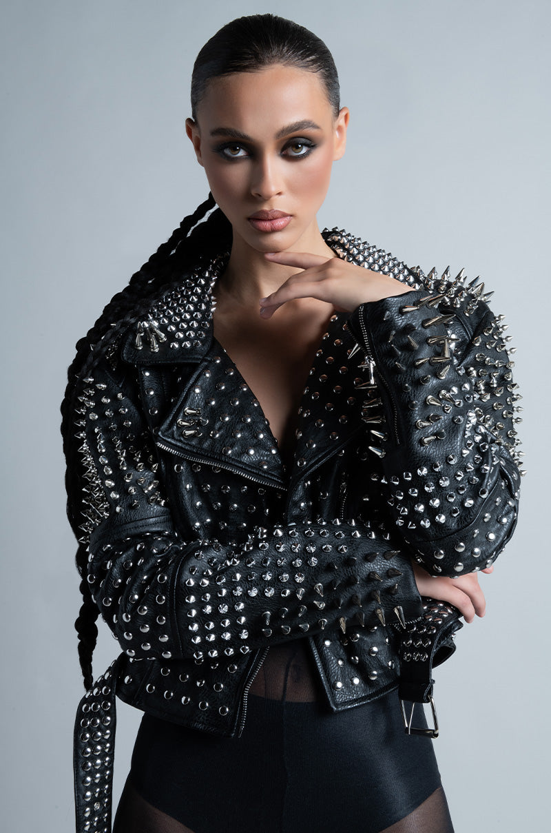 Front View Azalea Wang All Out Lucifer Stud Moto Jacket