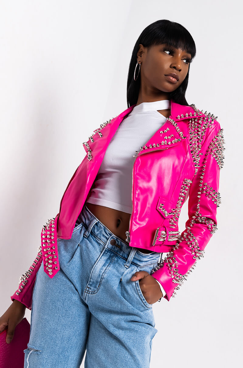 Front View Azalea Wang All Pink Sofi Studded Moto Jacket in Pink
