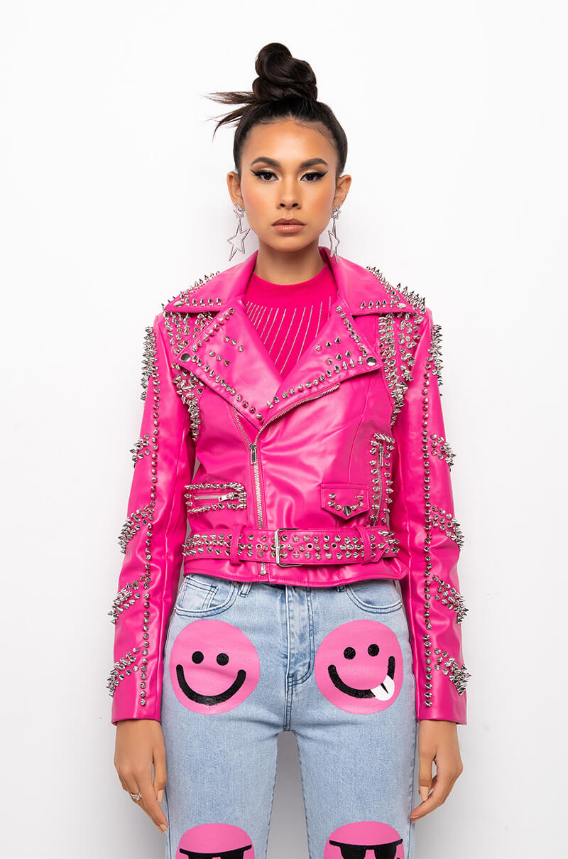 Detail View Azalea Wang All Pink Sofi Studded Moto Jacket