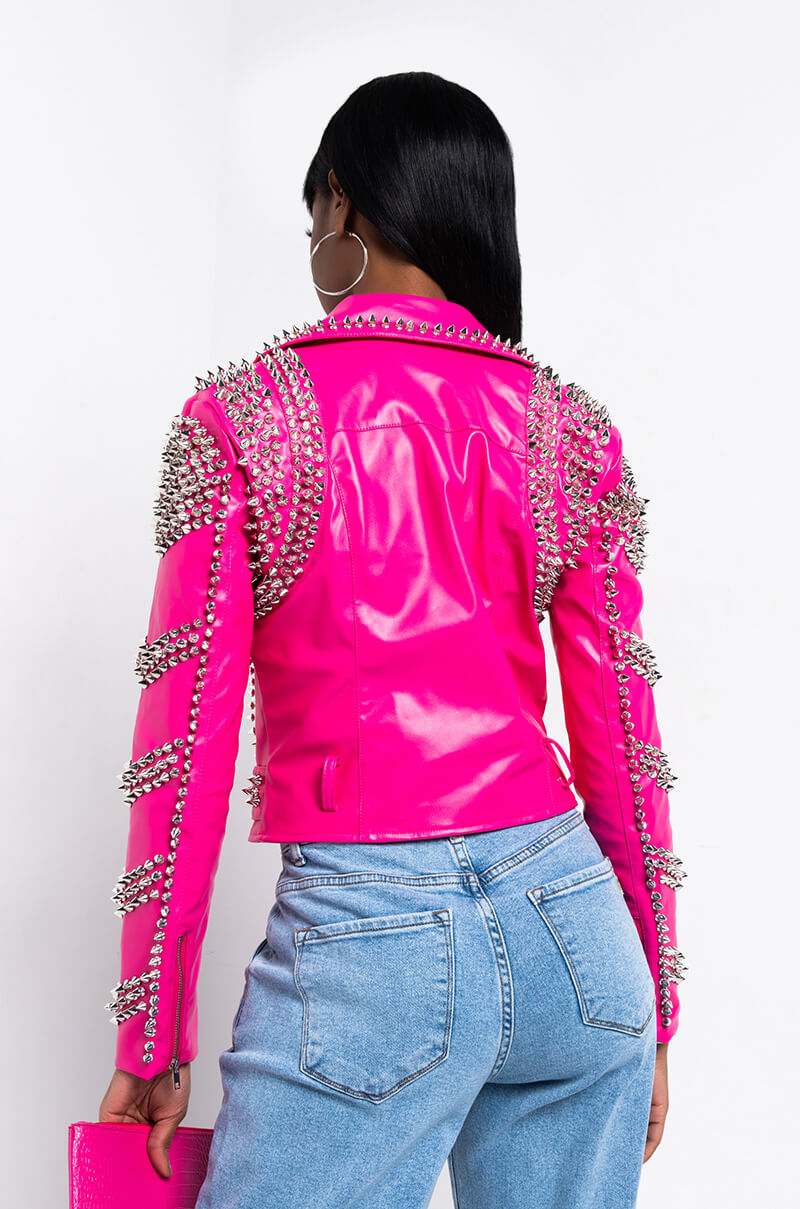 Detail View Azalea Wang All Pink Sofi Studded Moto Jacket in Pink