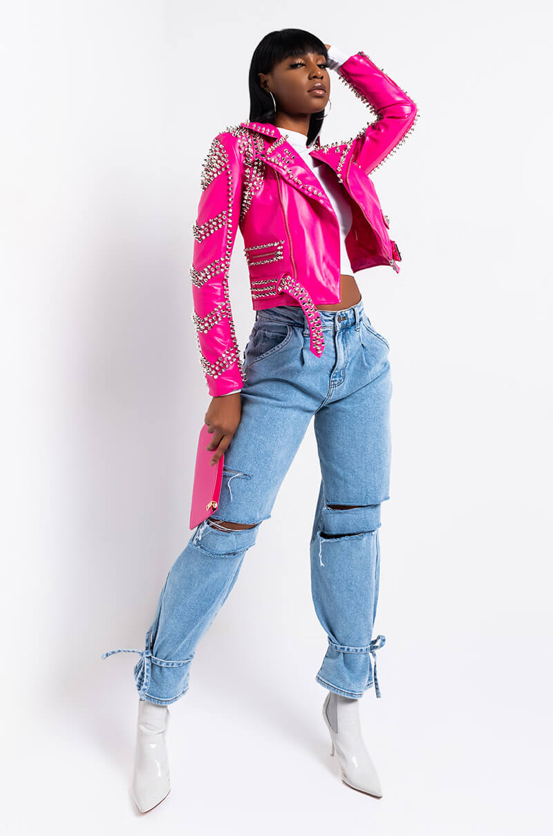  Azalea Wang All Pink Sofi Studded Moto Jacket in Pink