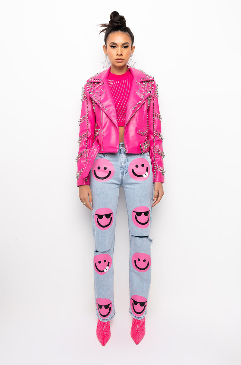Extra View Azalea Wang All Pink Sofi Studded Moto Jacket
