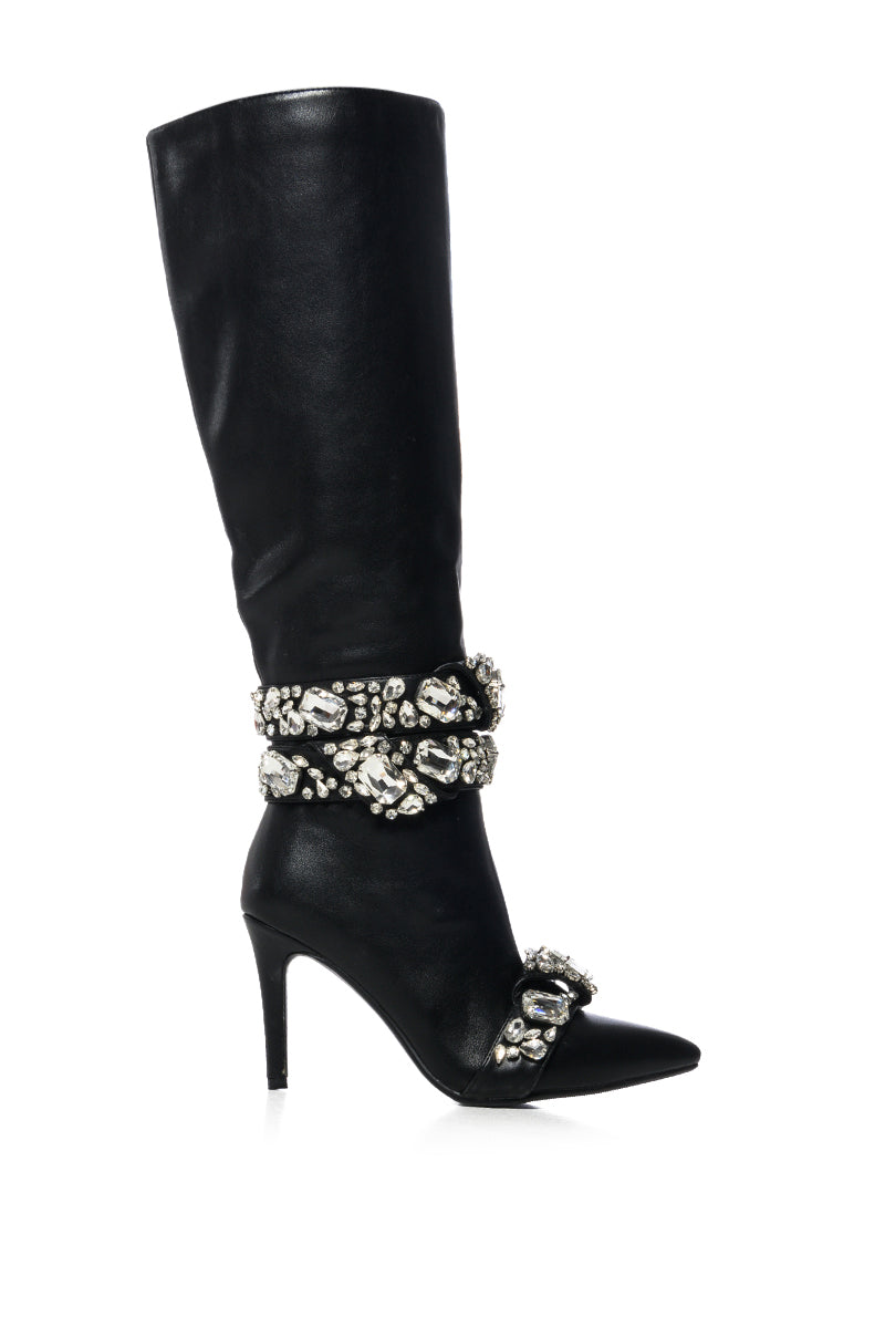 Side View Azalea Wang Alonza Black Diamond Embellished Boot