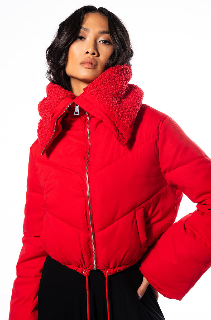 Front View Azalea Wang Amanda Crop Puffer With Sherpa Collar In Red