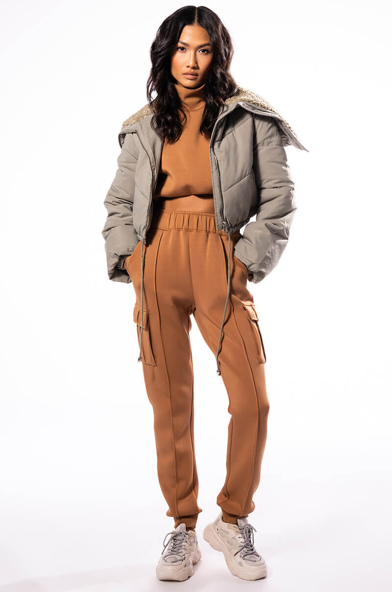 Back View Azalea Wang Amanda Crop Puffer With Sherpa Collar