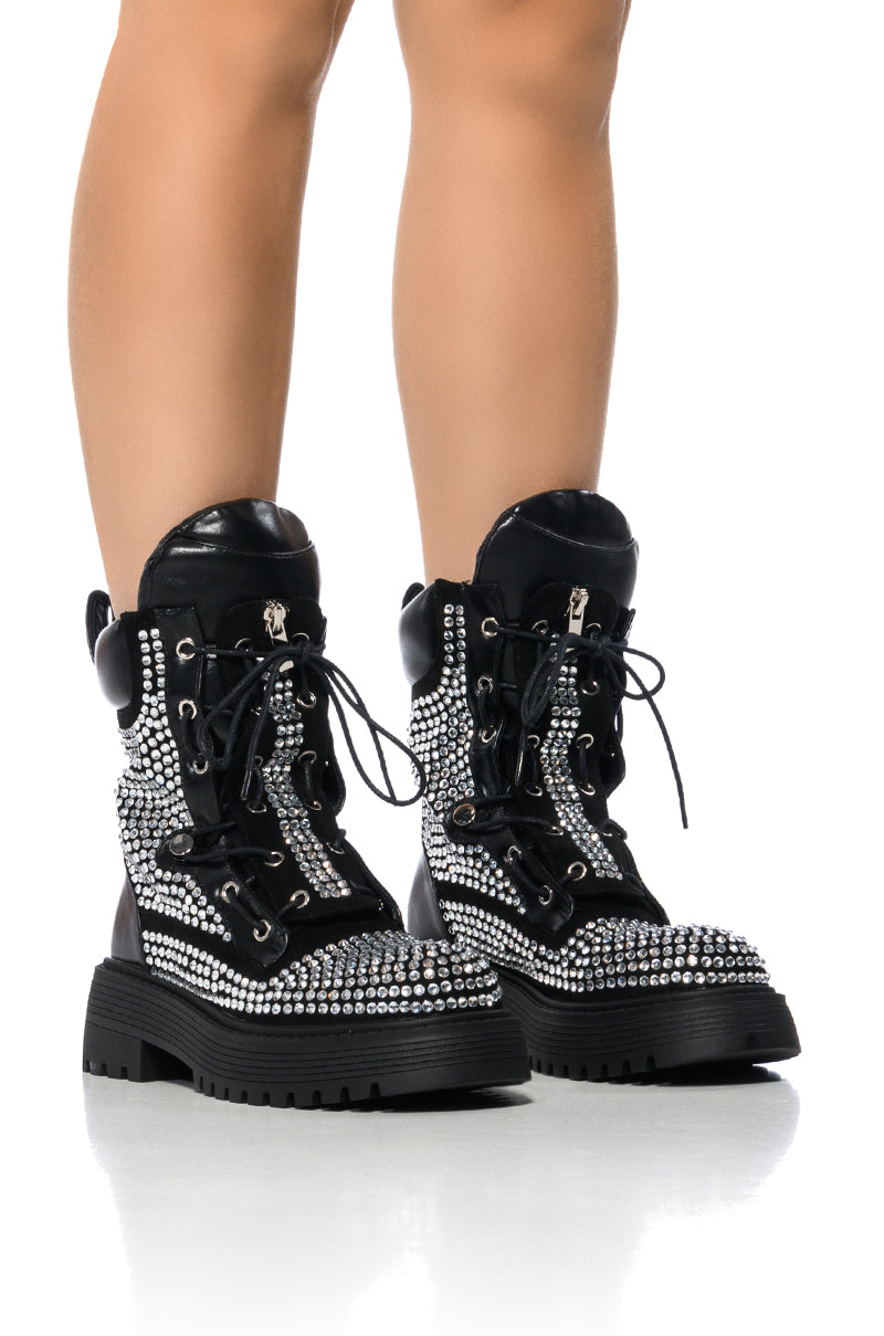 Front View Azalea Wang Amenity Black Rhinestone Combat Bootie 4