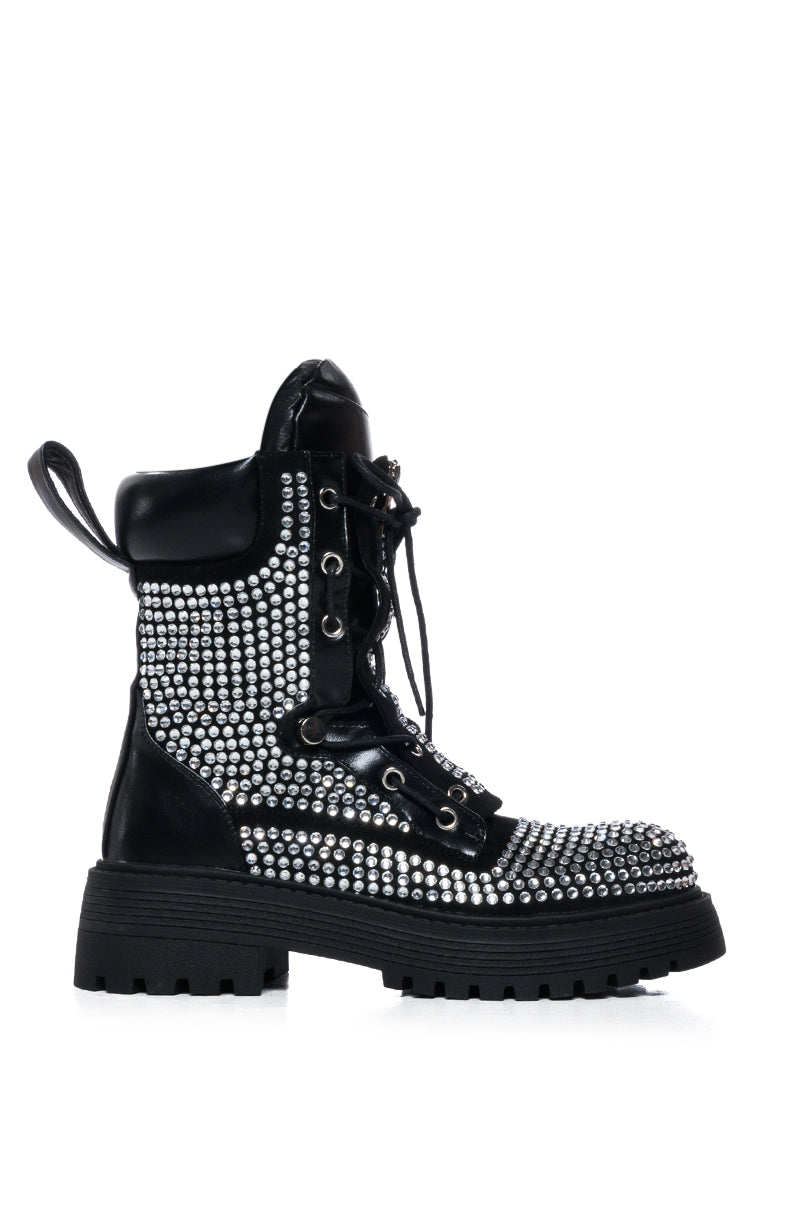 Side View Azalea Wang Amenity Black Rhinestone Combat Bootie 0