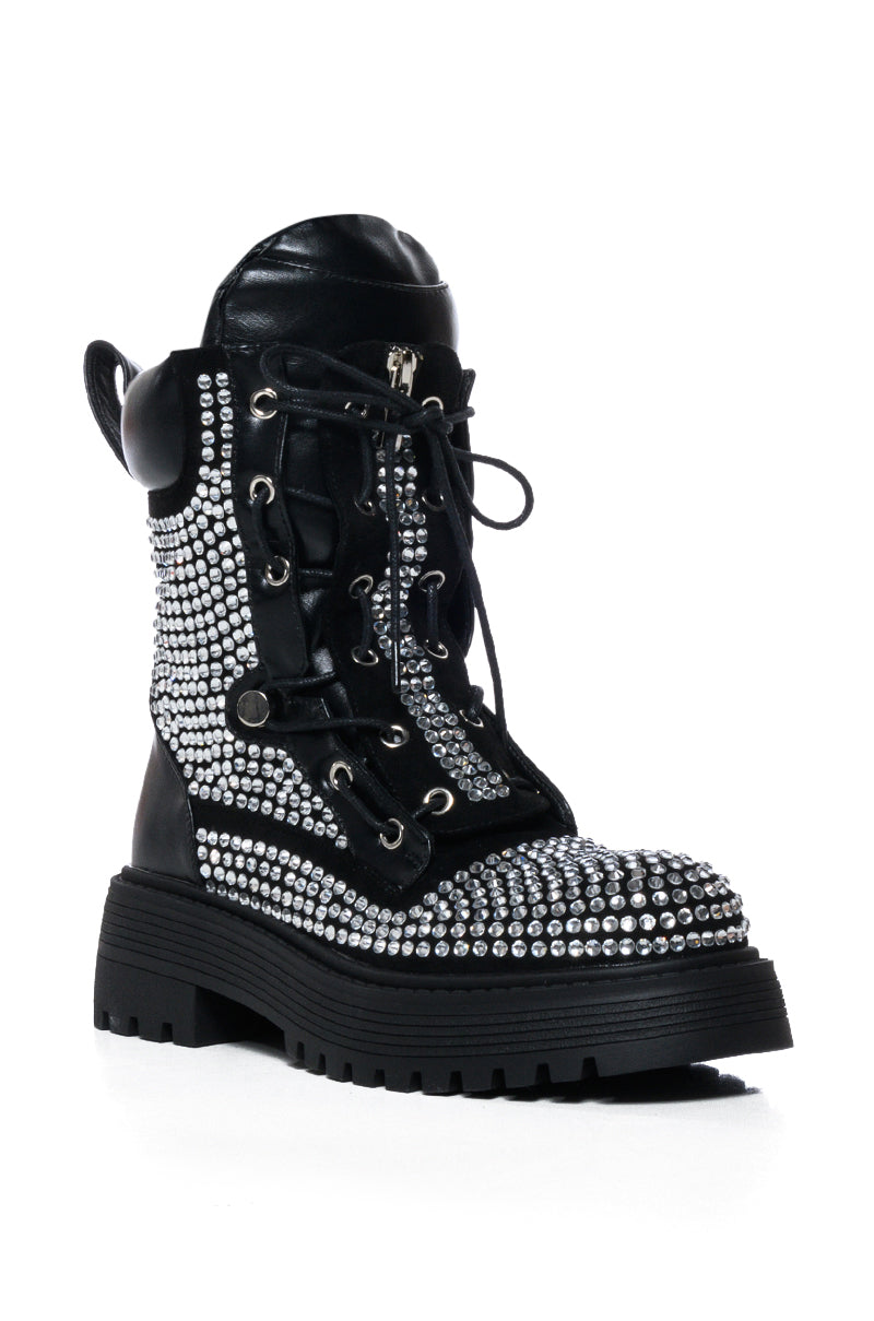 Back View Azalea Wang Amenity Black Rhinestone Combat Bootie 1