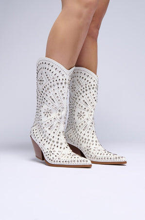 AZALEA WANG AMICABLE WHITE SILVER EMBELLISHED WESTERN BOOT – AKIRA
