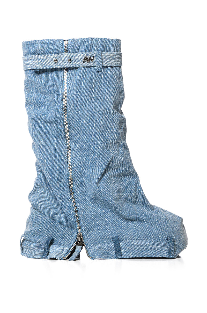 Back View Azalea Wang Angela Fold Over Platform Boot In Denim