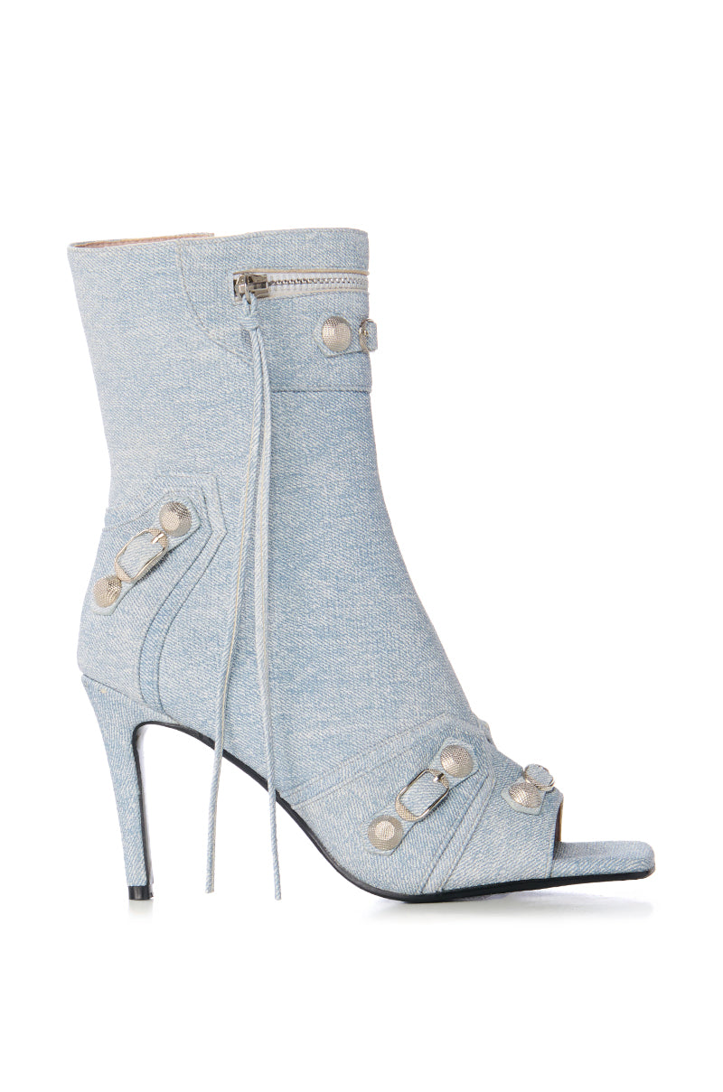 Side View Azalea Wang Annalise Light Wash Denim Peep Toe Bootie
