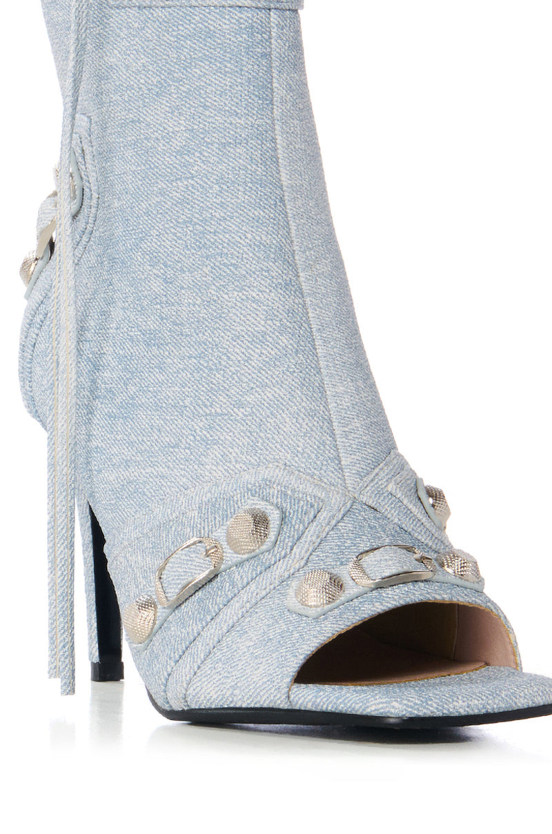 Full View Azalea Wang Annalise Light Wash Denim Peep Toe Bootie