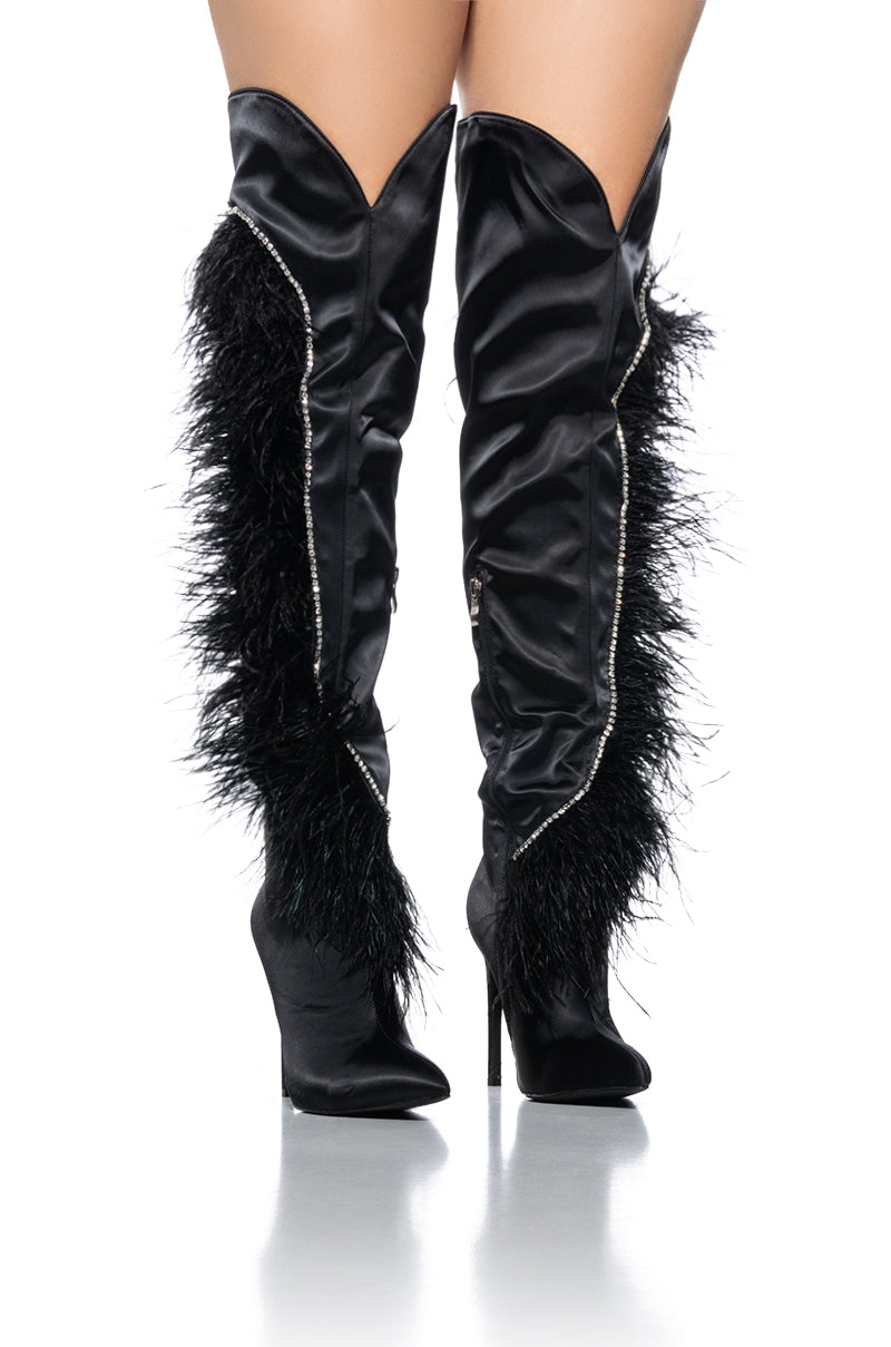 Front View Azalea Wang Aoife Black Feather Boot