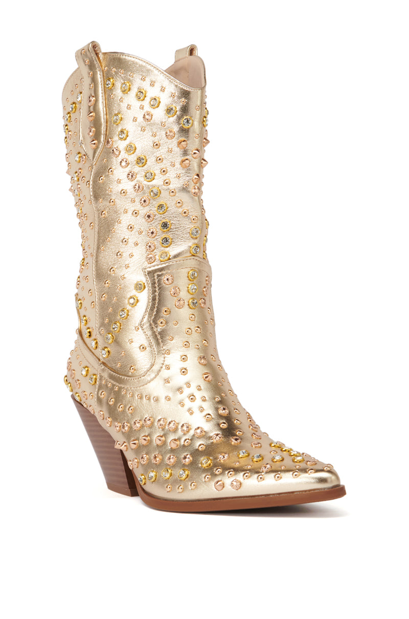 Back View Azalea Wang Appease Gold Embellished Cowboy Boot