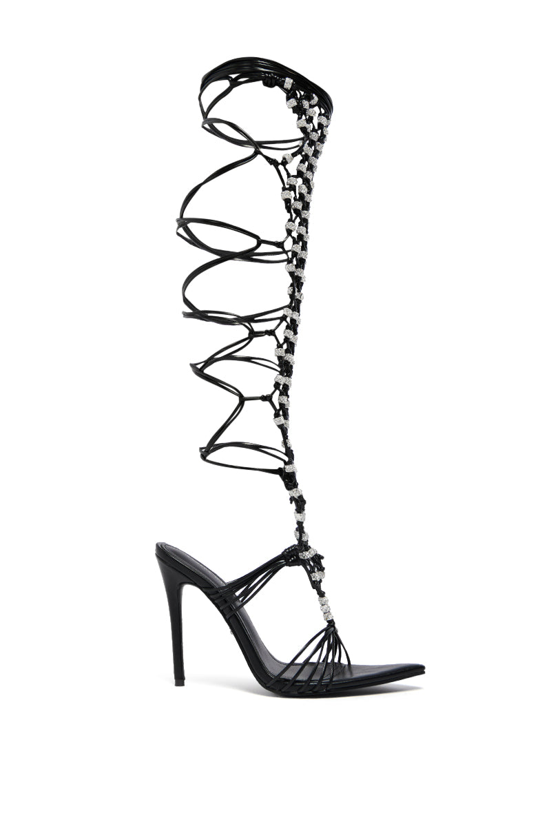 Side View Azalea Wang Ardsley Black Lattice Gladiator Sandal