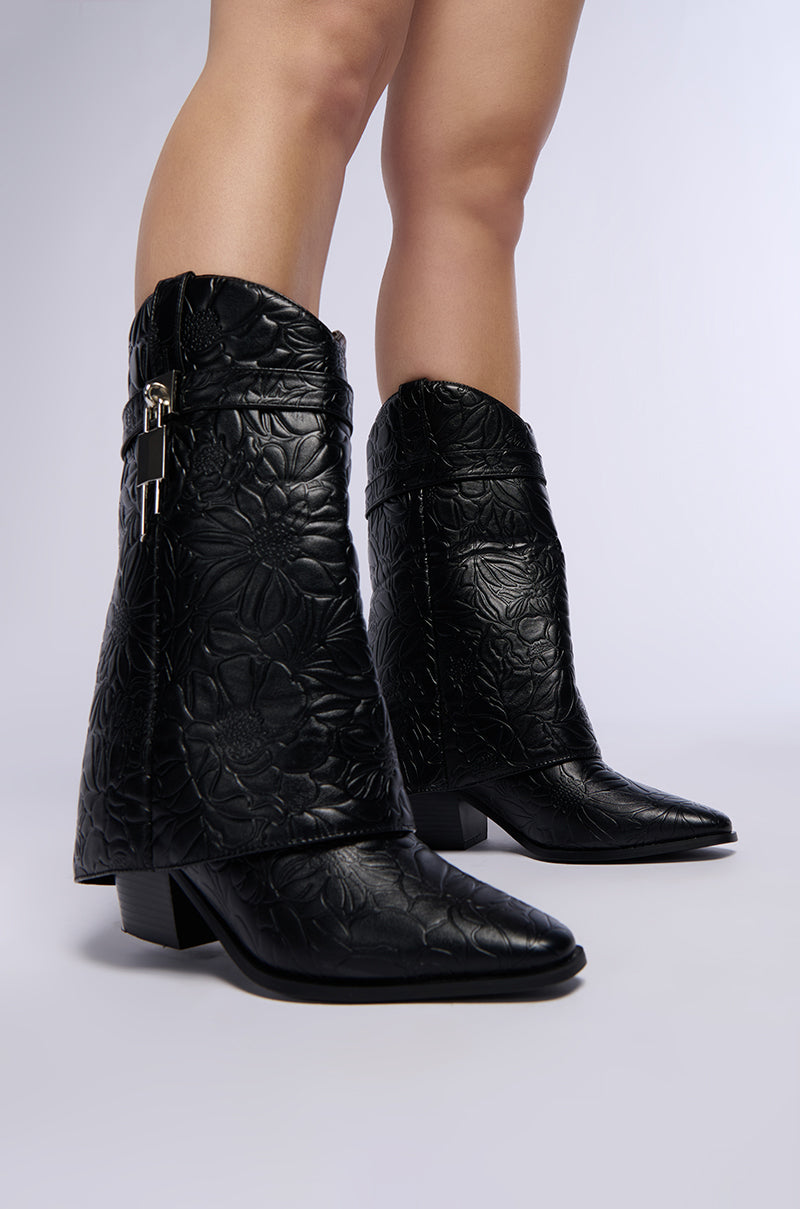 Front View Azalea Wang Armory Embossed Faux Leather Black Cowboy Bootie 0
