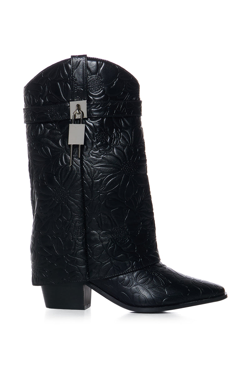 Side View Azalea Wang Armory Embossed Faux Leather Black Cowboy Bootie 2