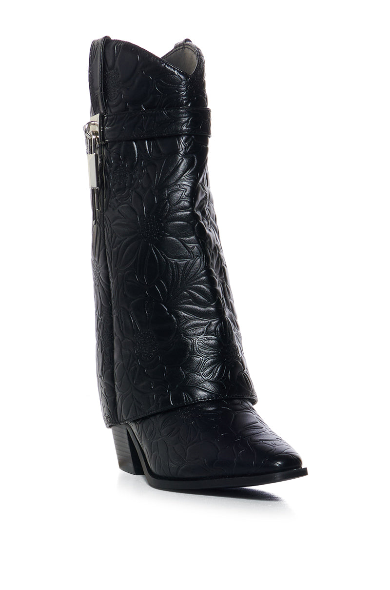 Back View Azalea Wang Armory Embossed Faux Leather Black Cowboy Bootie 3