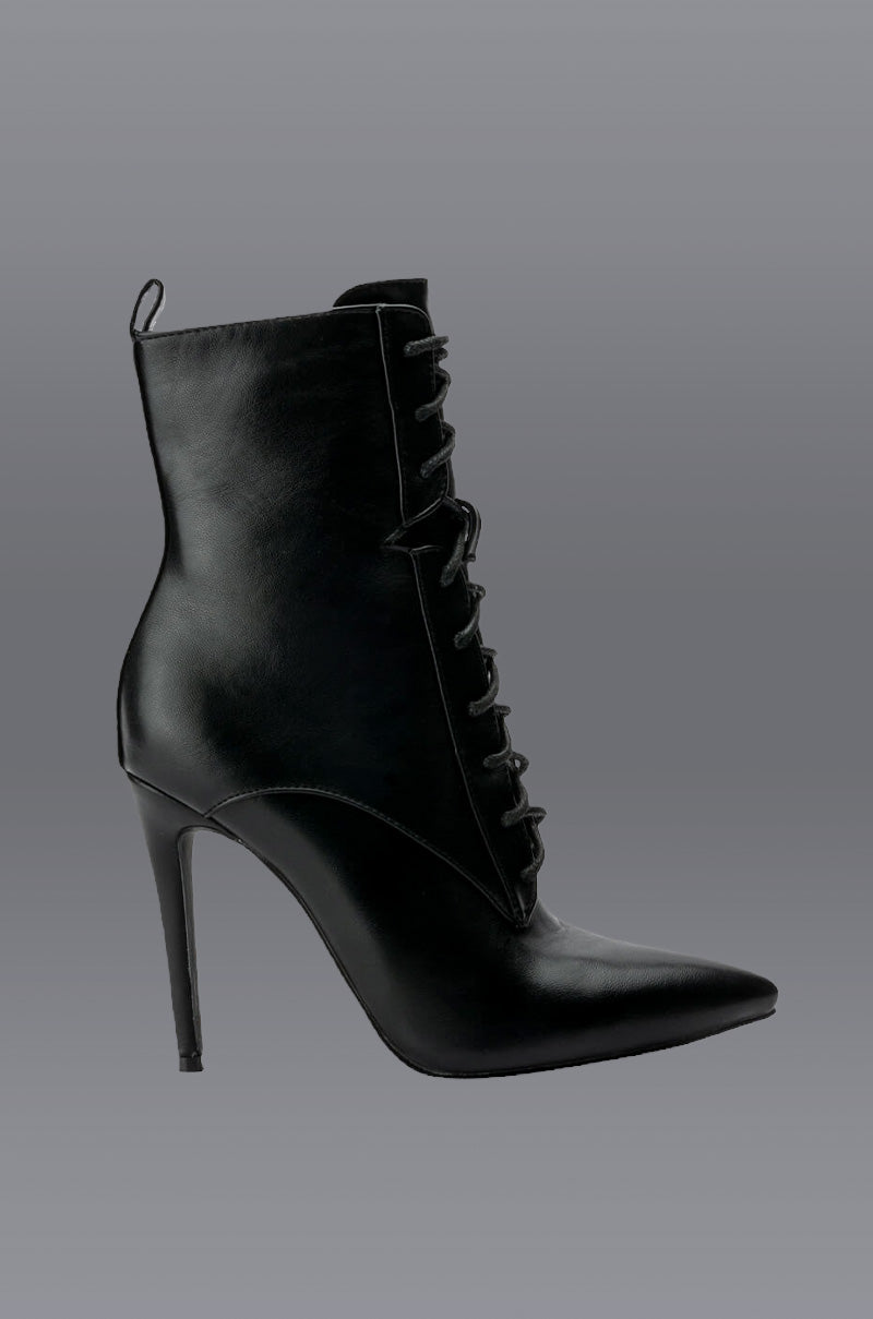 Front View Azalea Wang Astoria Lace Up Stiletto Bootie In Blackpu