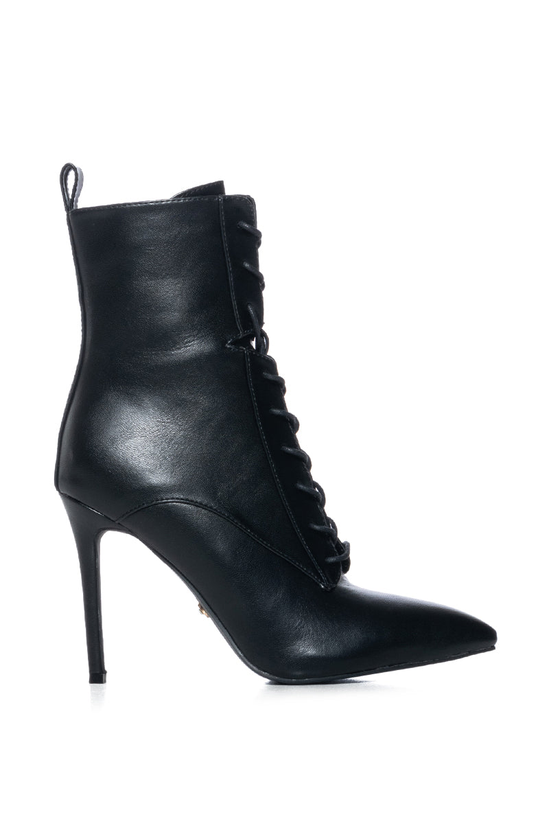 Side View Azalea Wang Astoria Lace Up Stiletto Bootie In Blackpu