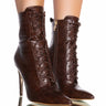 Front View Azalea Wang Astoria Lace Up Stiletto Bootie In Brown Croc