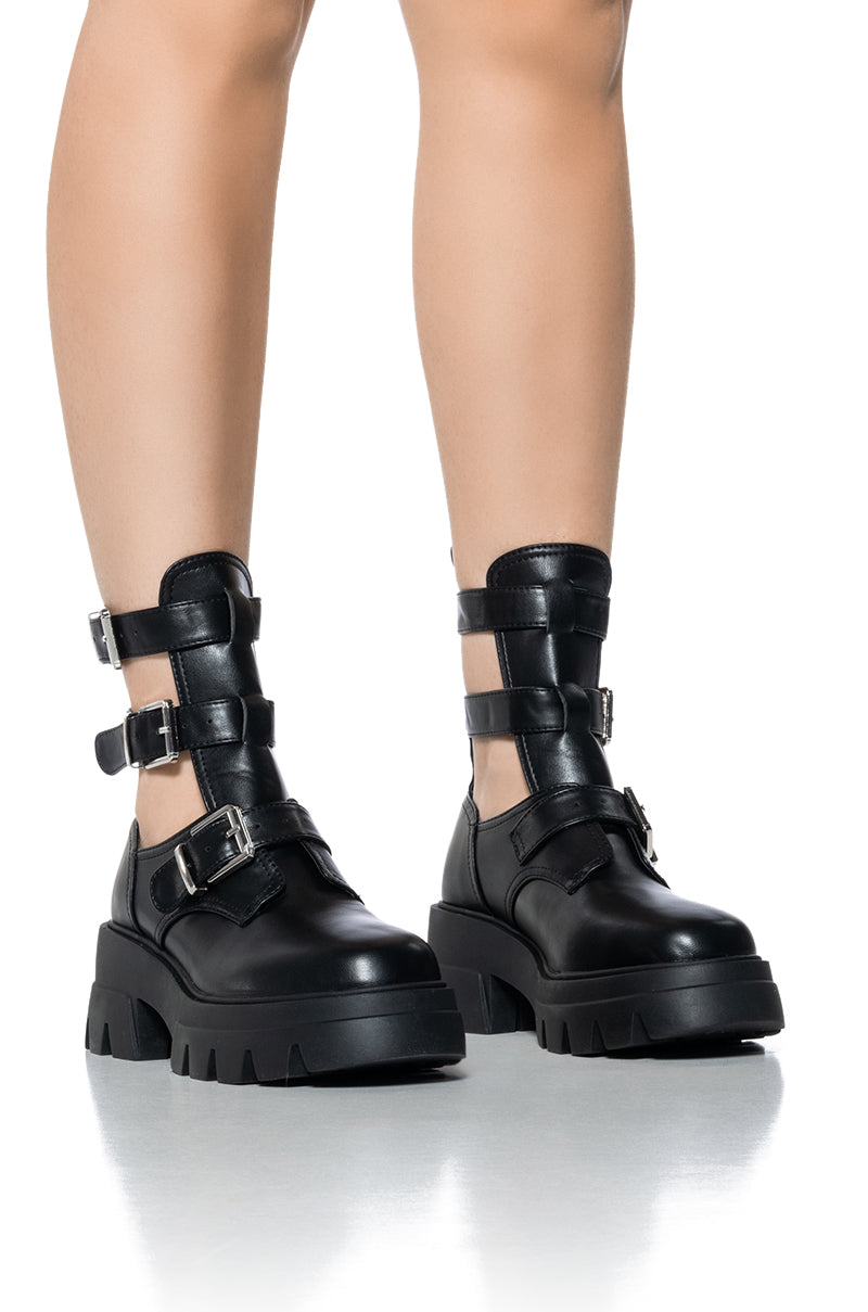 Front View Azalea Wang Atticus Black Buckle Up Bootie