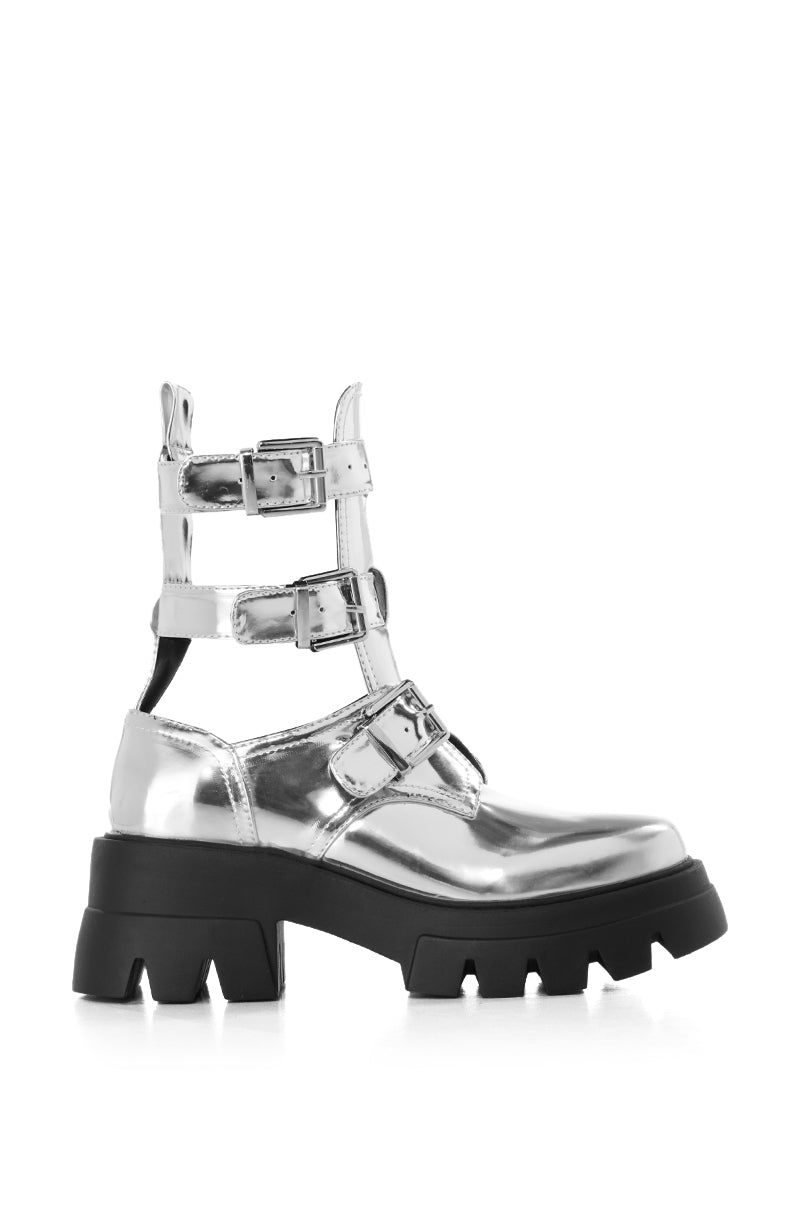 Side View Azalea Wang Atticus Silver Buckle Up Flat