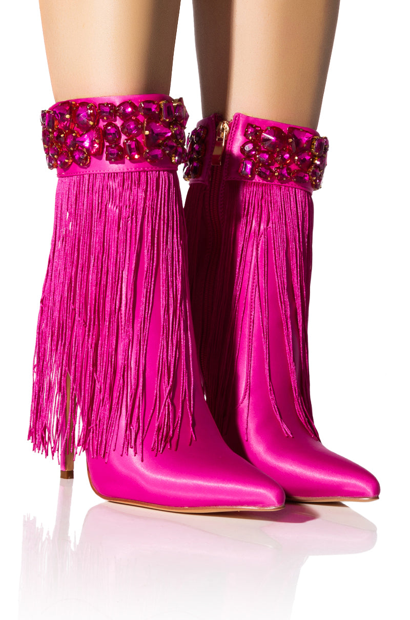 Front View Azalea Wang Averi Embellished Fringe Bootie In Pink