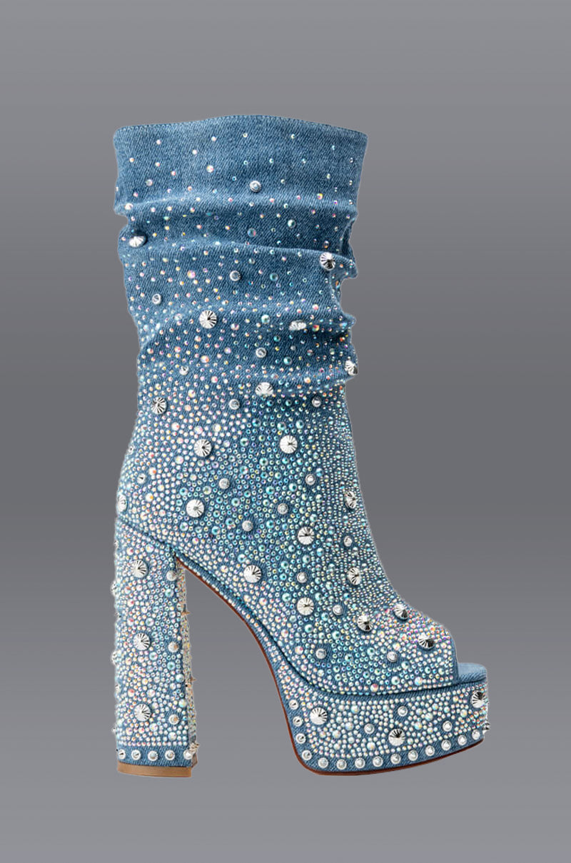 Front View Azalea Wang Awestruck Rhinestone Slouch Bootie In Denim