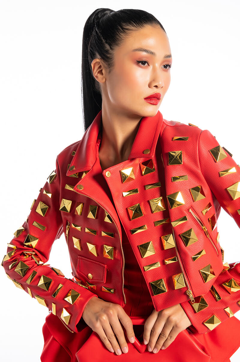 Front View Azalea Wang Backstage Moto Jacket With Oversized Square Studs view 1