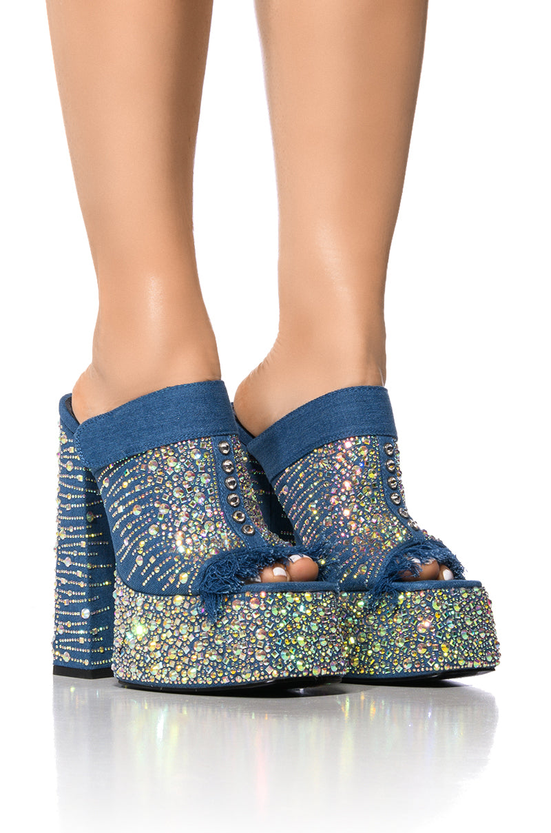 Front View Azalea Wang Ballin Out Embellished Chunky Platform Mule In Denim