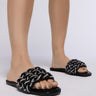 Front View Azalea Wang Baron Black Embellished Flat Sandal