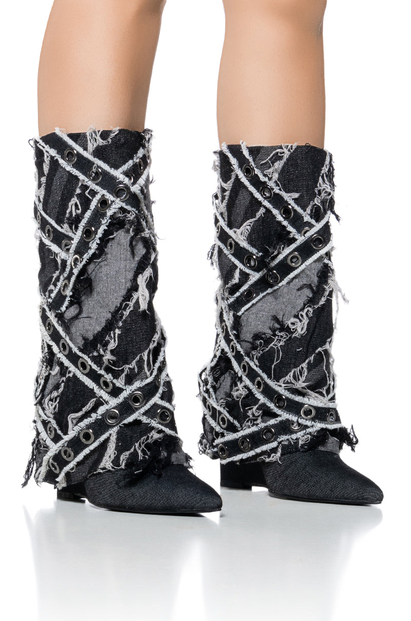 Front View Azalea Wang Barracuda Black Distressed Strappy Bootie